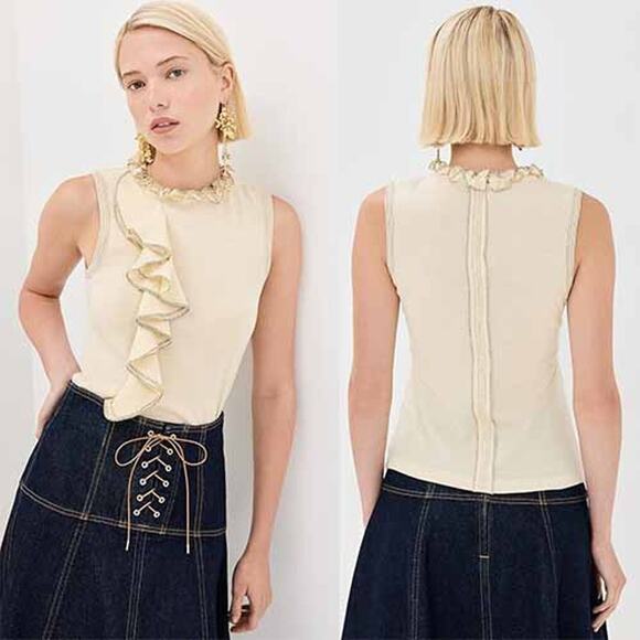 NWT Ulla Johnson Brea Ruffle Sleeveless Contrast Lightweight Wool Top Pearl - Picture 8 of 8